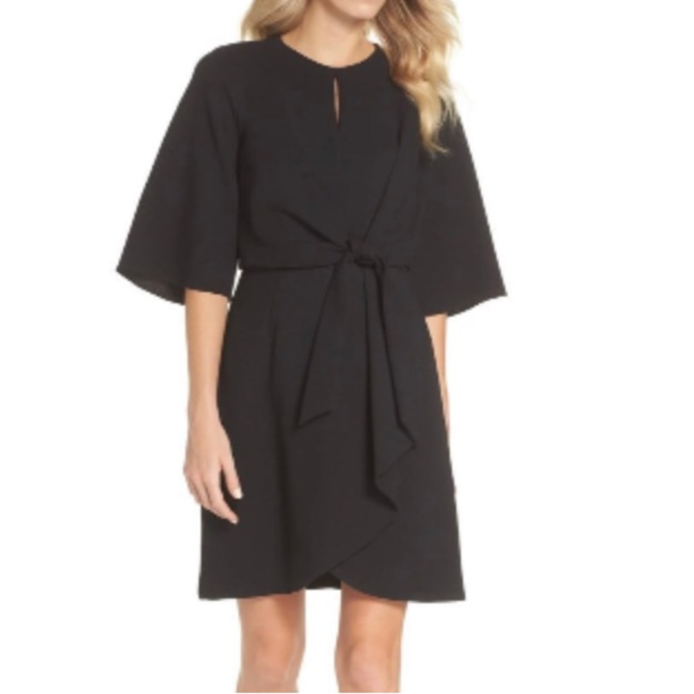 Tahari Arthur S. Levine Elegant Black Keyhole Faux Wrap Tie-Front Crepe Dress